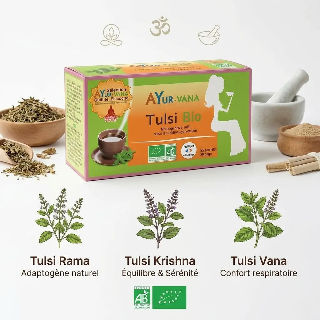 Infusion Tulsi Bio Ayurvana - adaptogène naturel pour équilibre et sérénité
