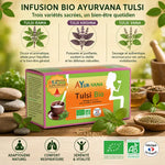 Infusion Tulsi bio Ayurvana avec variétés Rama Krishna Vana, certification et ingrédients naturels