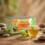 Infusion Bio Tulsi Ayurvana avec tasse de thé doré et feuilles fraîches de tulsi bio vegan