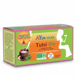 Boîte d'infusion Bio Tulsi Ayurvana vegan sur fond blanc