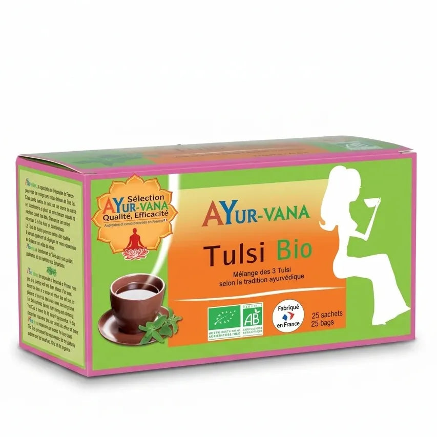 Boîte d'infusion Bio Tulsi Ayurvana vegan sur fond blanc