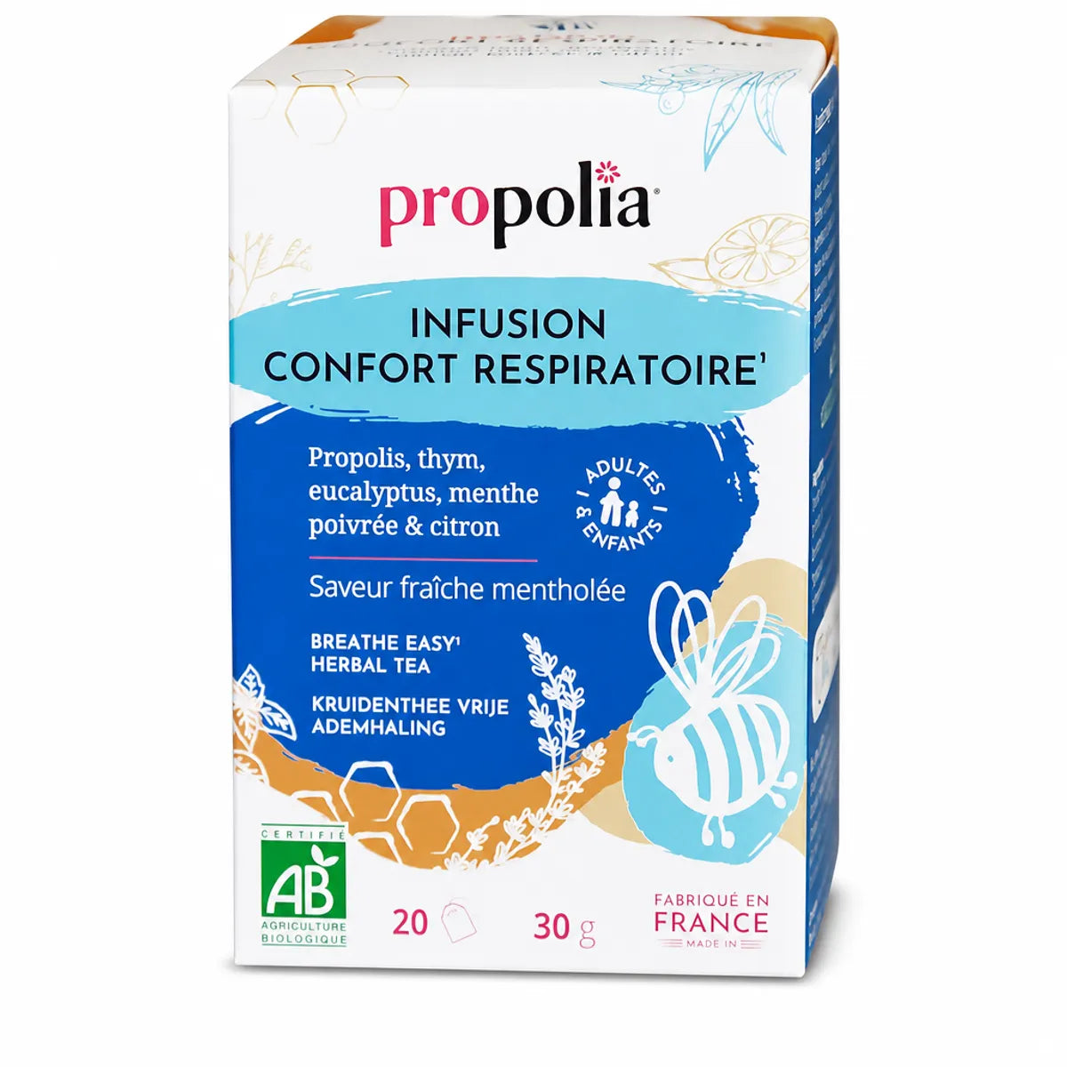 Boîte d'infusion confort respiratoire bio Propolia en sachets sur fond blanc