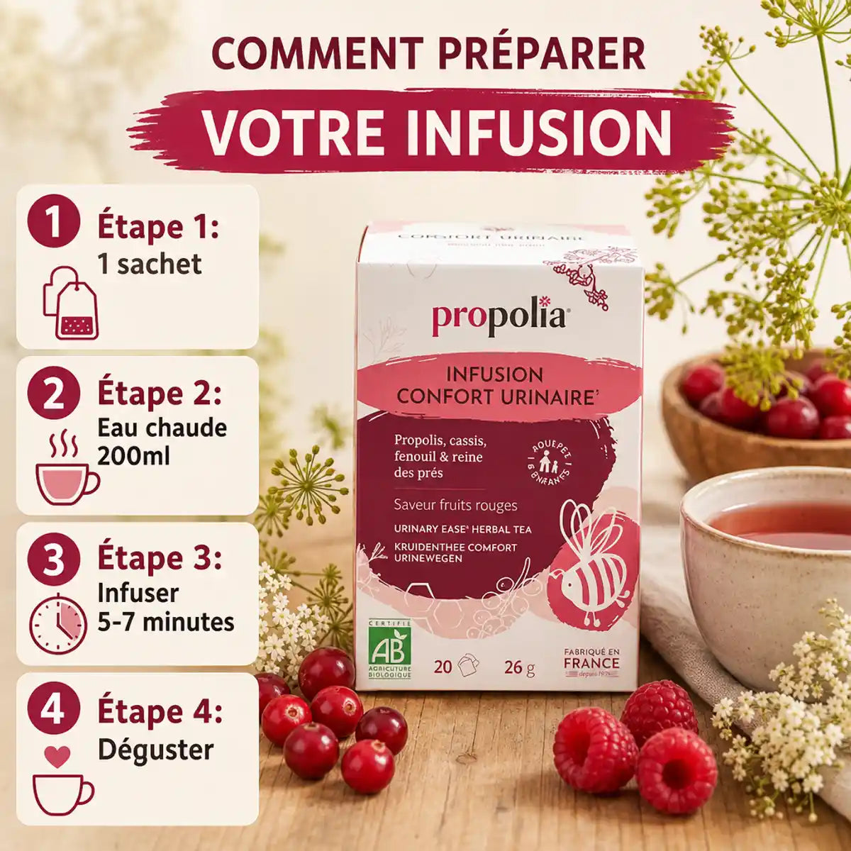 Infusion Confort urinaire Bio Propolia - Boîte 20 sachets avec instructions de préparation et herbes naturelles