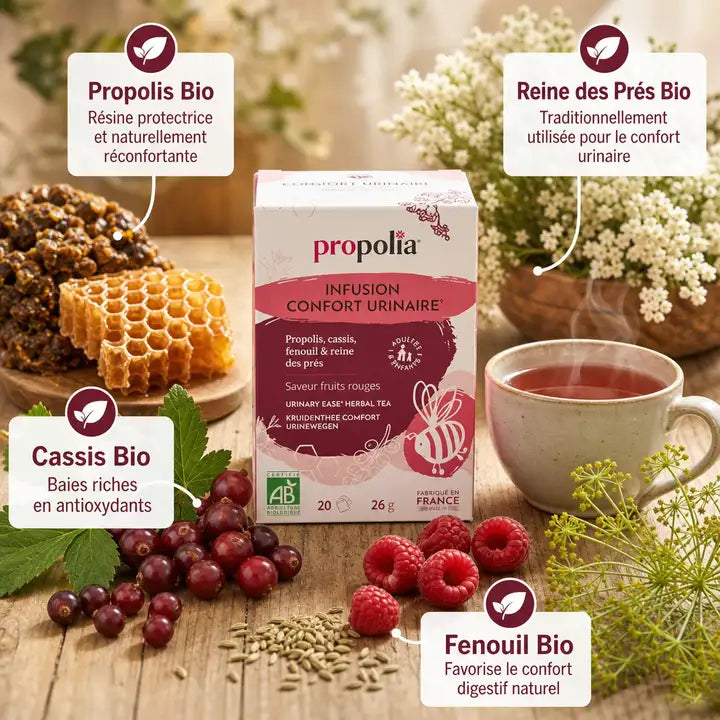 Infusion Confort Urinaire Bio Propolia avec boîte, ingrédients biologiques et tasse fumante