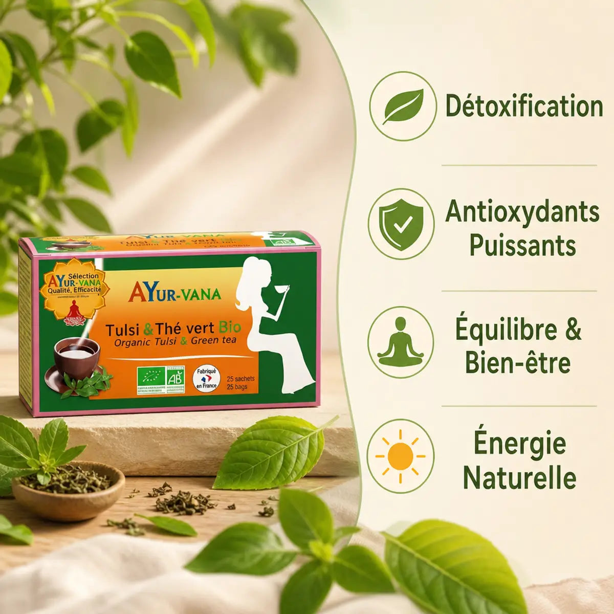 Infusion Tulsi Thé vert bio Ayurvana avec bénéfices détox, antioxydants et bien-être