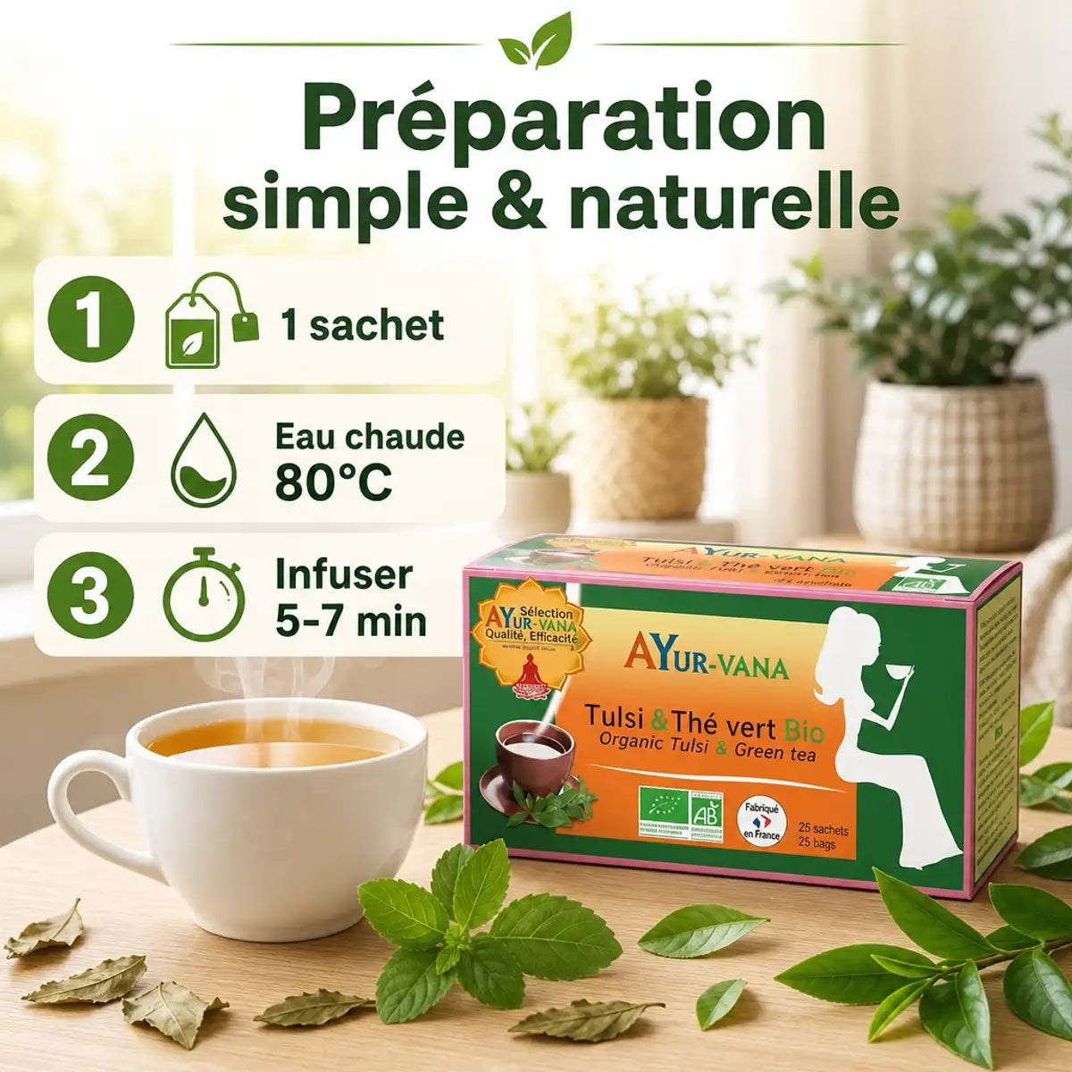Infusion Tulsi Thé vert bio Ayurvana avec instructions préparation 1-2-3 et tasse fumante
