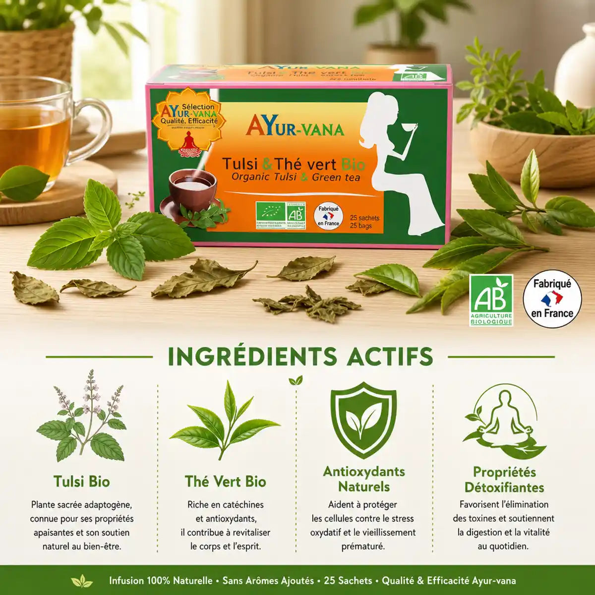 Infusion Tulsi & Thé vert bio Ayurvana avec ingrédients actifs détoxifiants