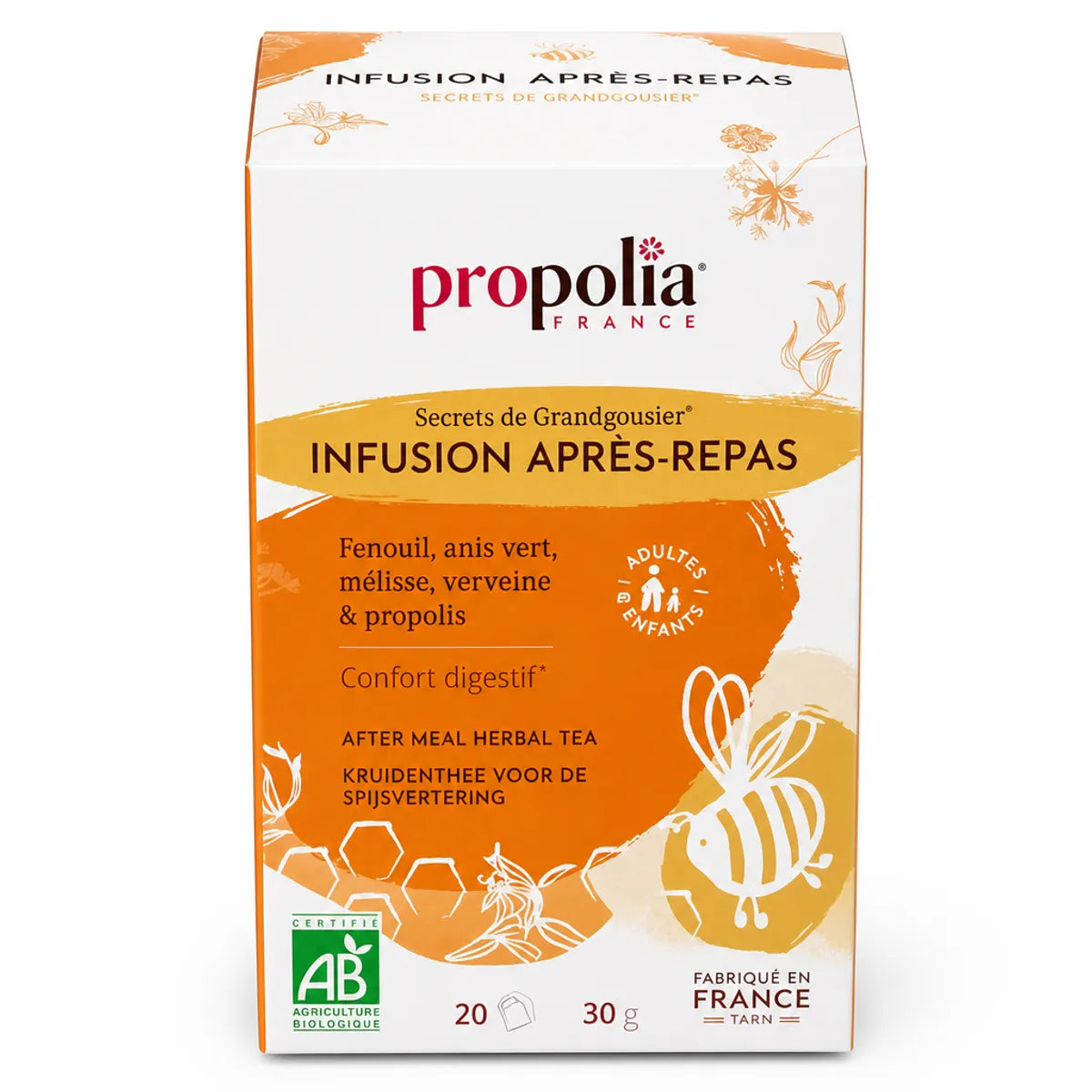 Infusion digestive après-repas bio Propolia à la propolis, boîte packaging orange et blanc