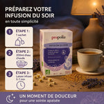 Infusion du soir Bio Propolis Propolia avec guide d'utilisation et ingrédients naturels en ambiance relaxante