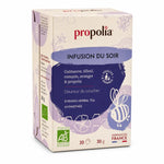 Infusion du soir Bio Propolia - Boîte de thé à la propolis et plantes sur fond blanc