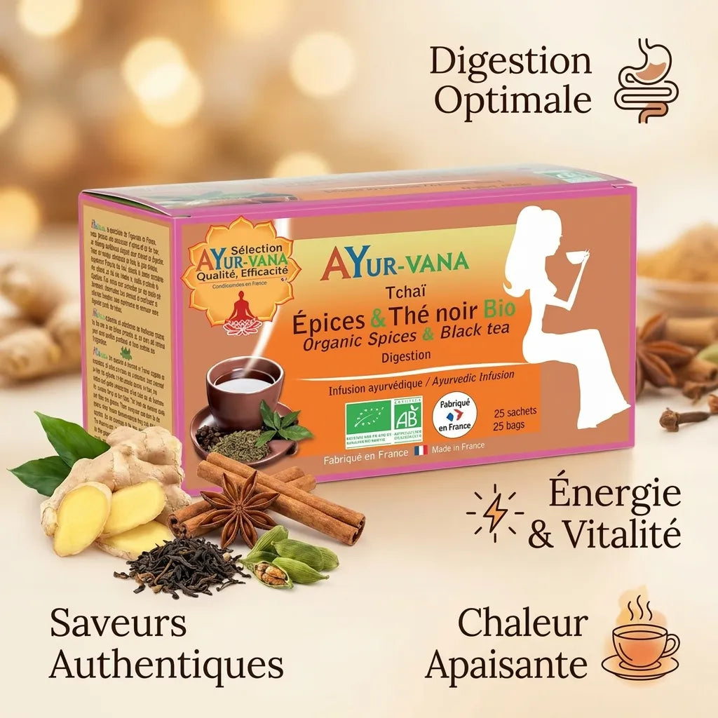 Infusion thé noir bio vegan Ayurvana avec épices, bénéfices digestion et énergie