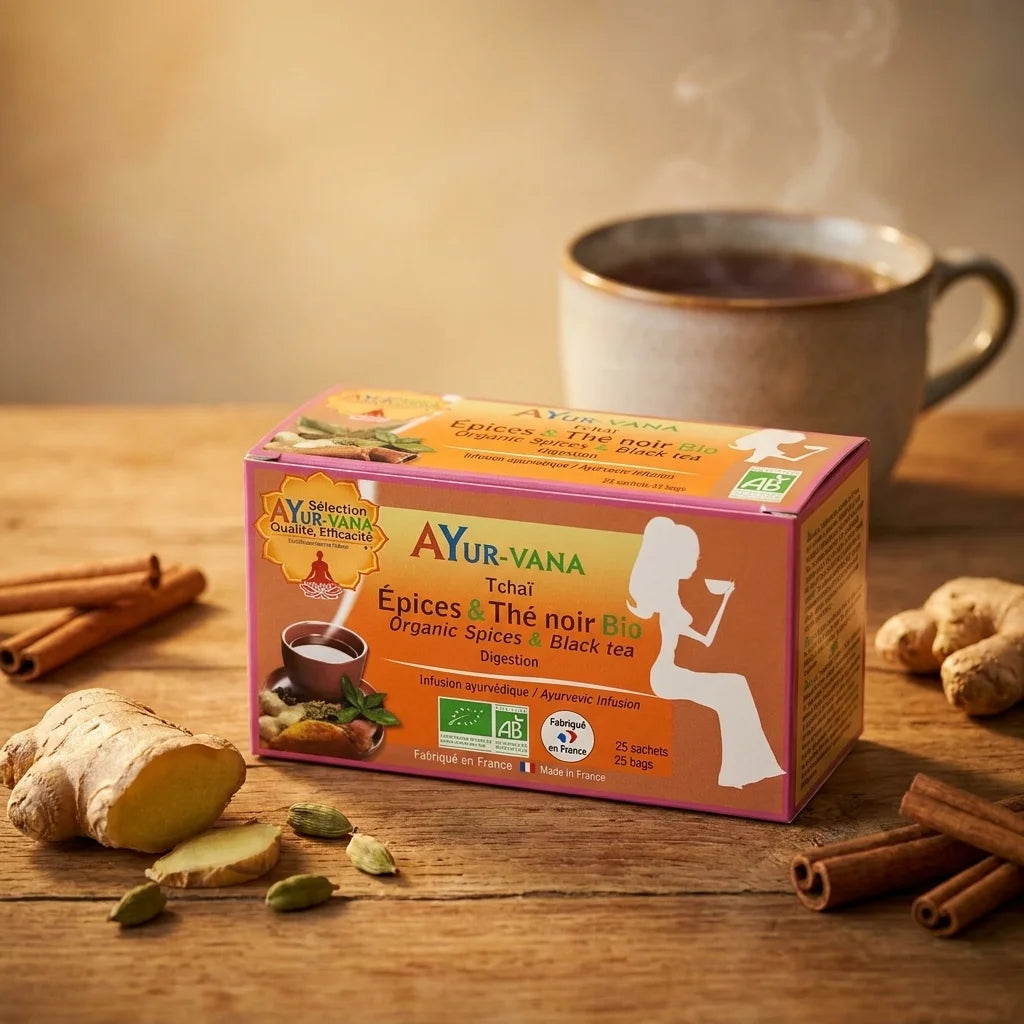 Boîte Tchaï bio Ayurvana avec épices, gingembre frais, cannelle et tasse fumante