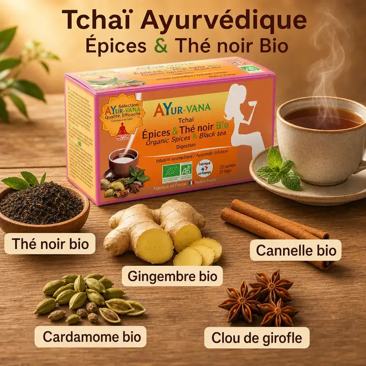 Boîte Tchaï bio Ayurvana avec ingrédients : thé noir, gingembre, cannelle, cardamome et clou de girofle