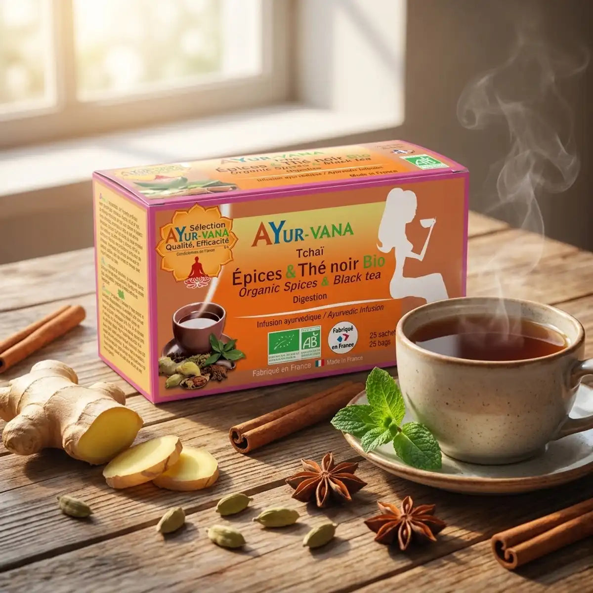 Boîte Ayurvana Tchaï bio avec épices, gingembre et tasse de thé noir chaud