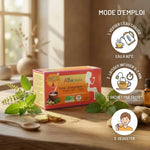 Infusion Tulsi Gingembre Bio Ayurvana avec mode d'emploi, tasse dorée et ingrédients frais