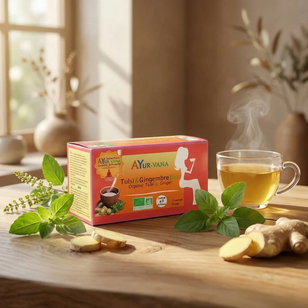 Infusion Tulsi Gingembre bio Ayurvana avec feuilles fraîches et tasse de thé doré