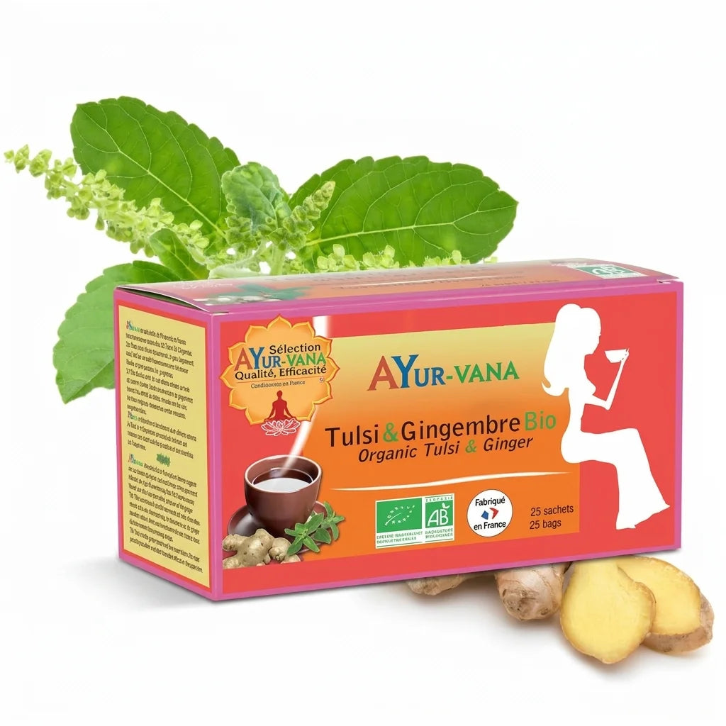 Boîte infusion Tulsi & Gingembre bio vegan Ayurvana sur fond blanc