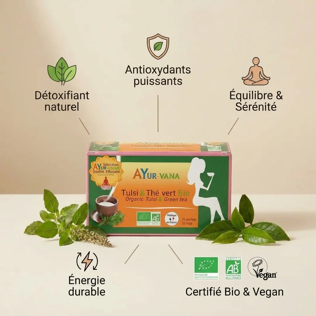 Boîte Ayurvana Tulsi & Thé vert bio avec bénéfices détoxifiants, antioxydants et sérénité certifiés vegan