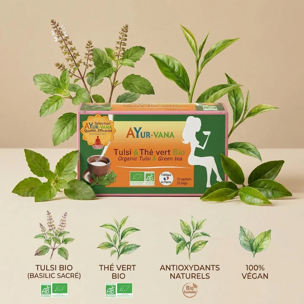 Infusion Tulsi et Thé vert bio vegan Ayurvana avec ingrédients naturels certifiés