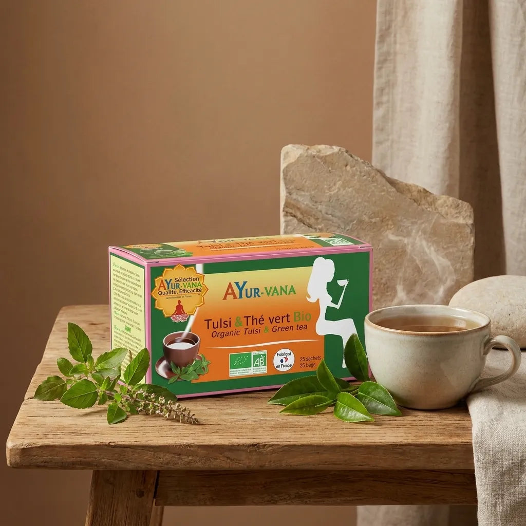 Boîte Infusion Tulsi & Thé vert bio Ayurvana sur table avec tasse et feuilles fraîches