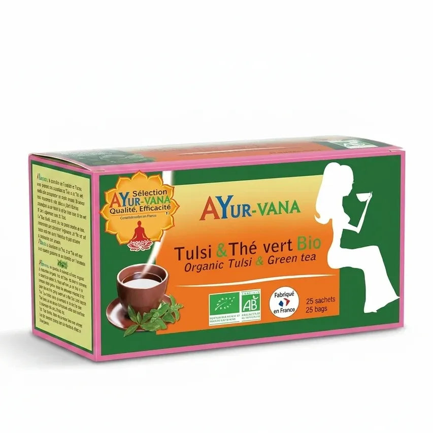 Boîte infusion Tulsi et Thé vert bio vegan Ayurvana sur fond blanc