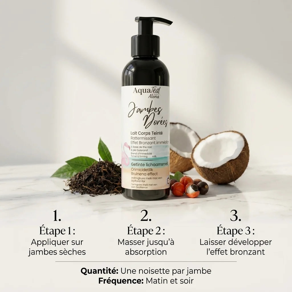 Jambes Dorées Aquatéal - Lait corporel teinté avec guide d'application et dosage recommandé