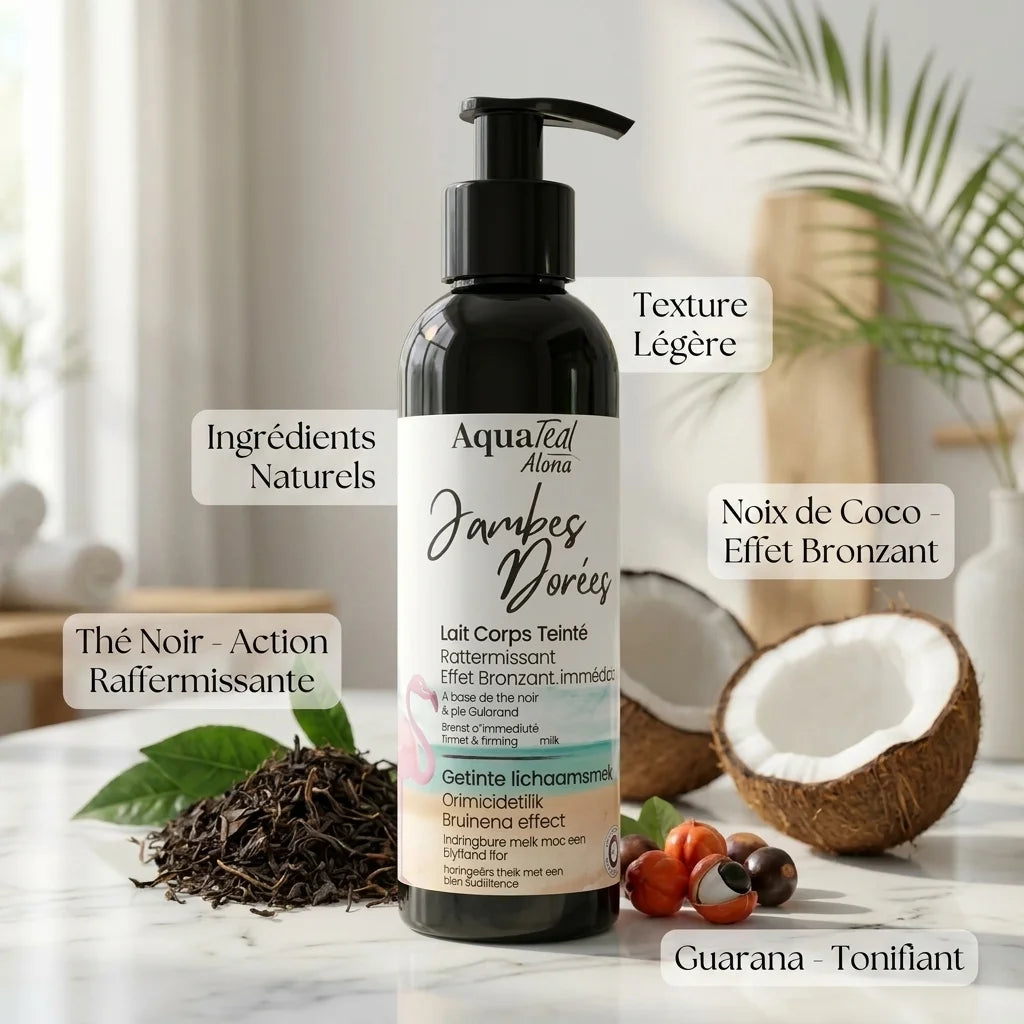 Jambes Dorées Aquatéal - Lait corps teinté avec ingrédients naturels thé noir, noix de coco, guarana
