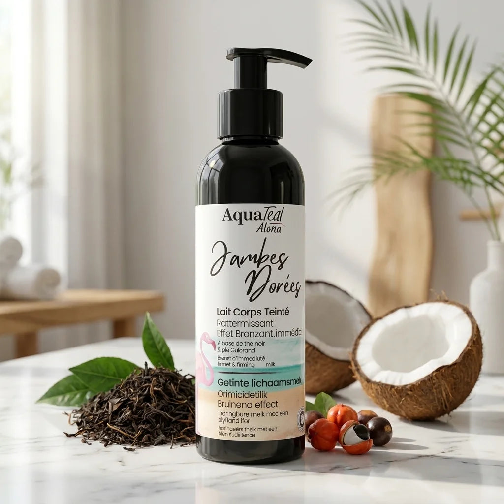 Jambes Dorées Aquatéal lait corporel noir et blanc sur marbre avec ingrédients naturels