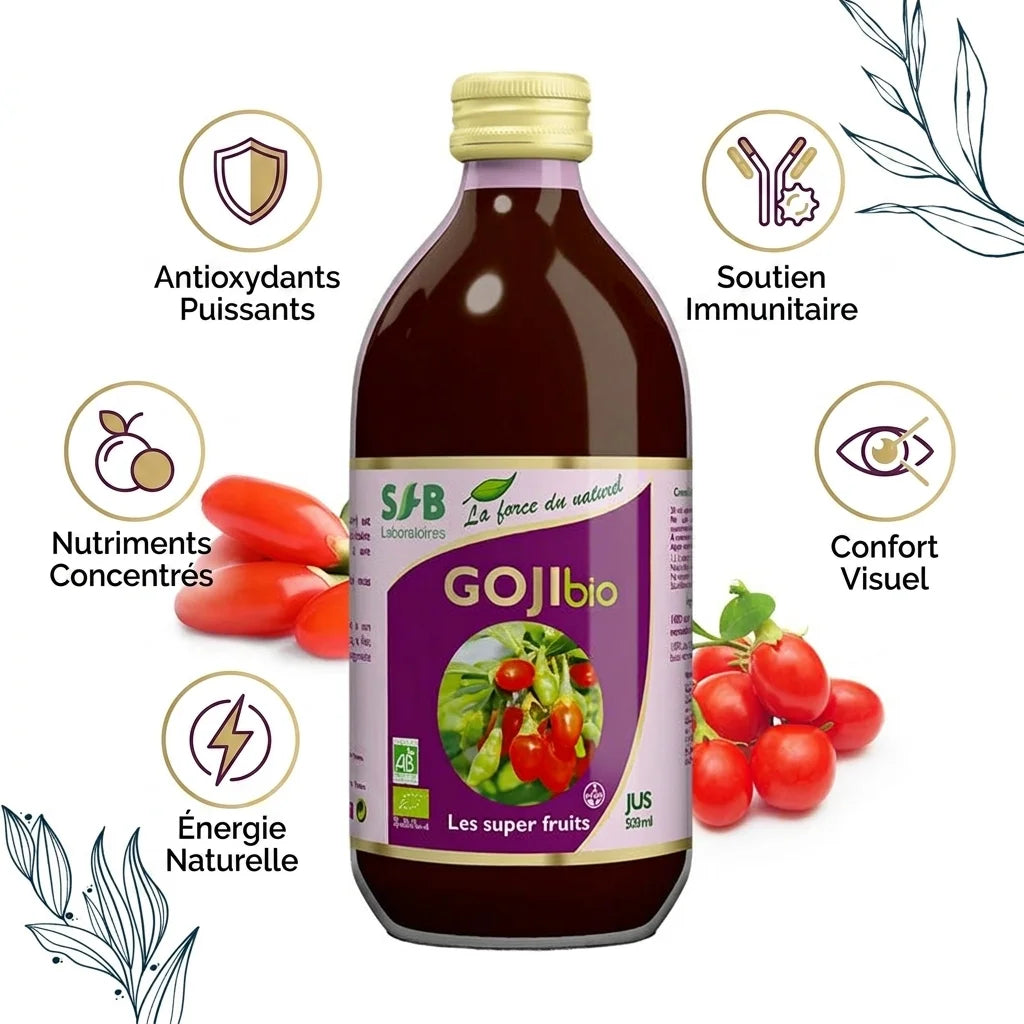 Bouteille Jus de Goji Bio SFB avec bénéfices : antioxydants, immunité, énergie et nutriments concentrés
