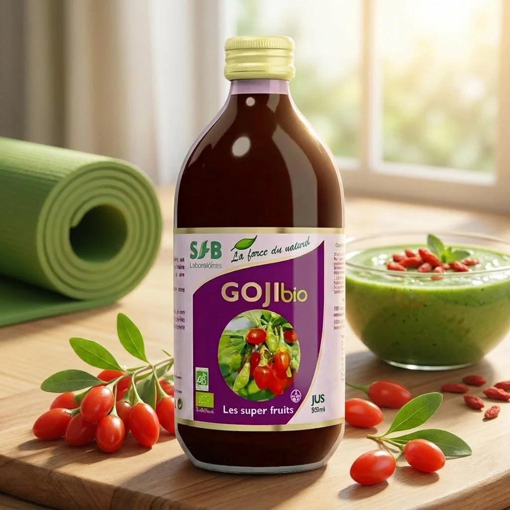 Bouteille de Jus de Goji Bio SFB avec baies fraîches et bol smoothie vert, lifestyle wellness