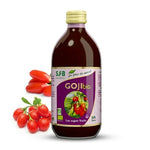 Bouteille de jus de Goji bio SFB 500ml sur fond blanc, étiquette violette avec baies de goji
