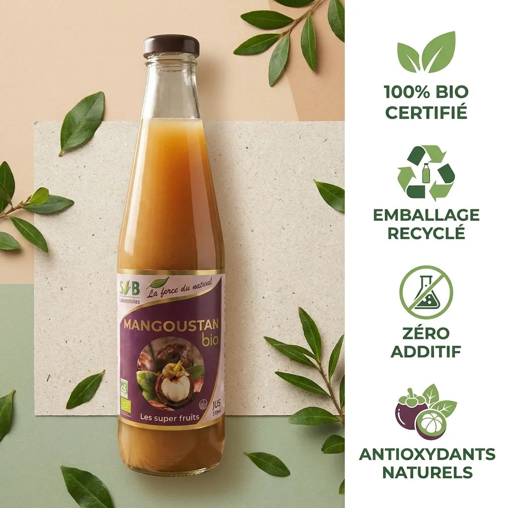 Bouteille Jus de Mangoustan bio SFB 500ml avec label violet, emballage recyclé et certifications écologiques