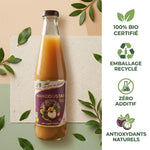 Bouteille Jus de Mangoustan bio SFB 500ml avec label violet, emballage recyclé et certifications écologiques