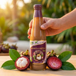 Jus de Mangoustan bio SFB avec fruit frais et feuilles en setting tropical wellness