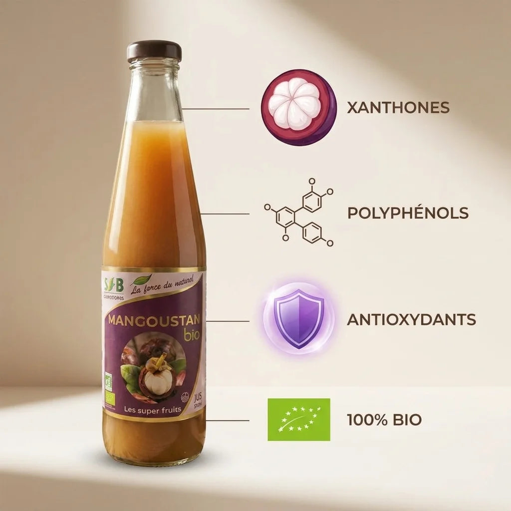 Bouteille Jus de Mangoustan bio SFB avec ingrédients : xanthones, polyphénols, antioxydants