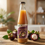 Bouteille de jus de mangoustan bio SFB avec fruits frais et feuilles, étiquette violette