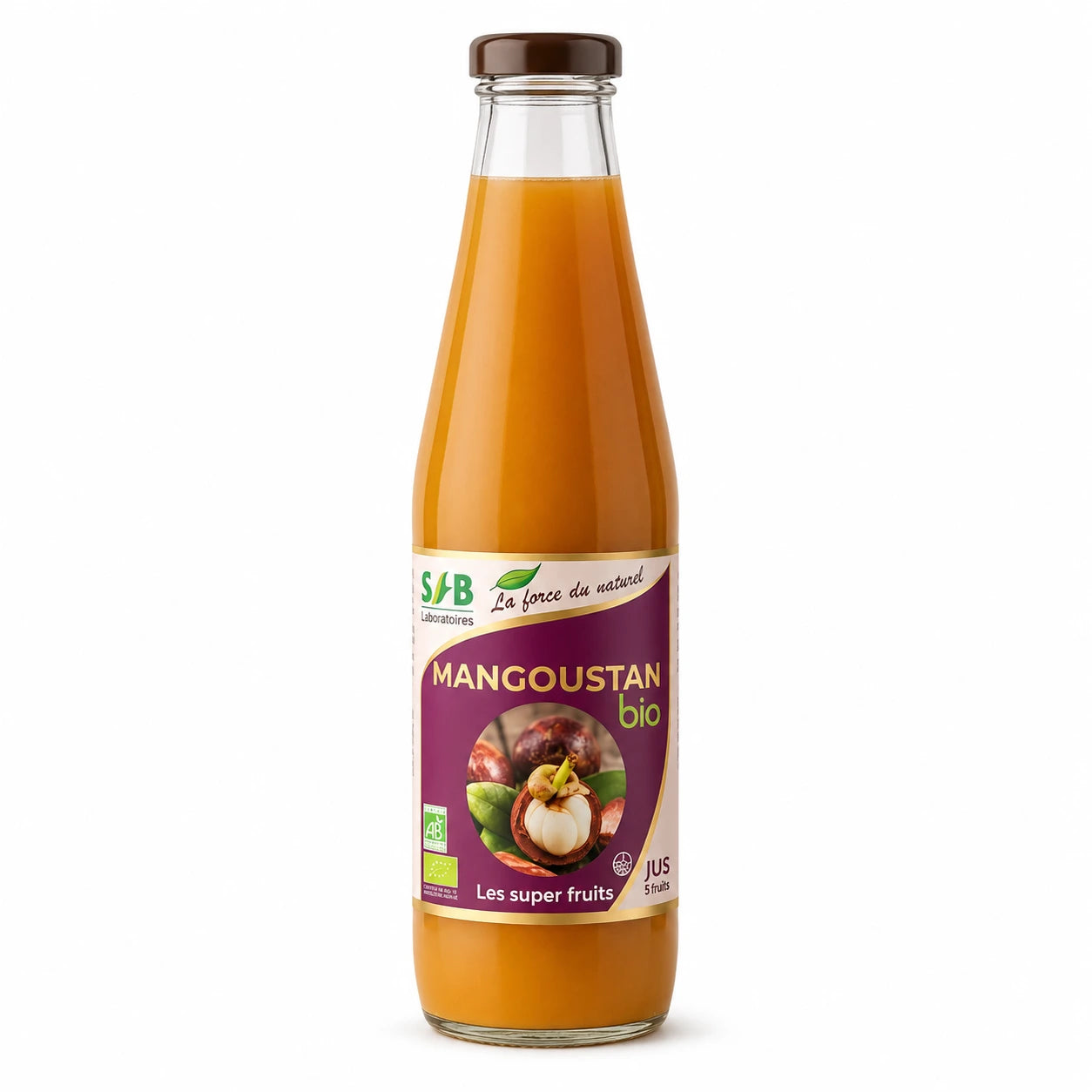 Bouteille de jus de Mangoustan bio SFB 500ml sur fond blanc