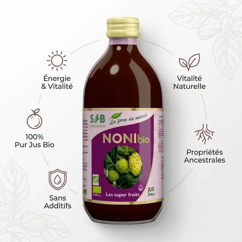 Jus de Noni Bio SFB 500ml bouteille verre avec bénéfices santé et propriétés ancestrales hawaiiennes