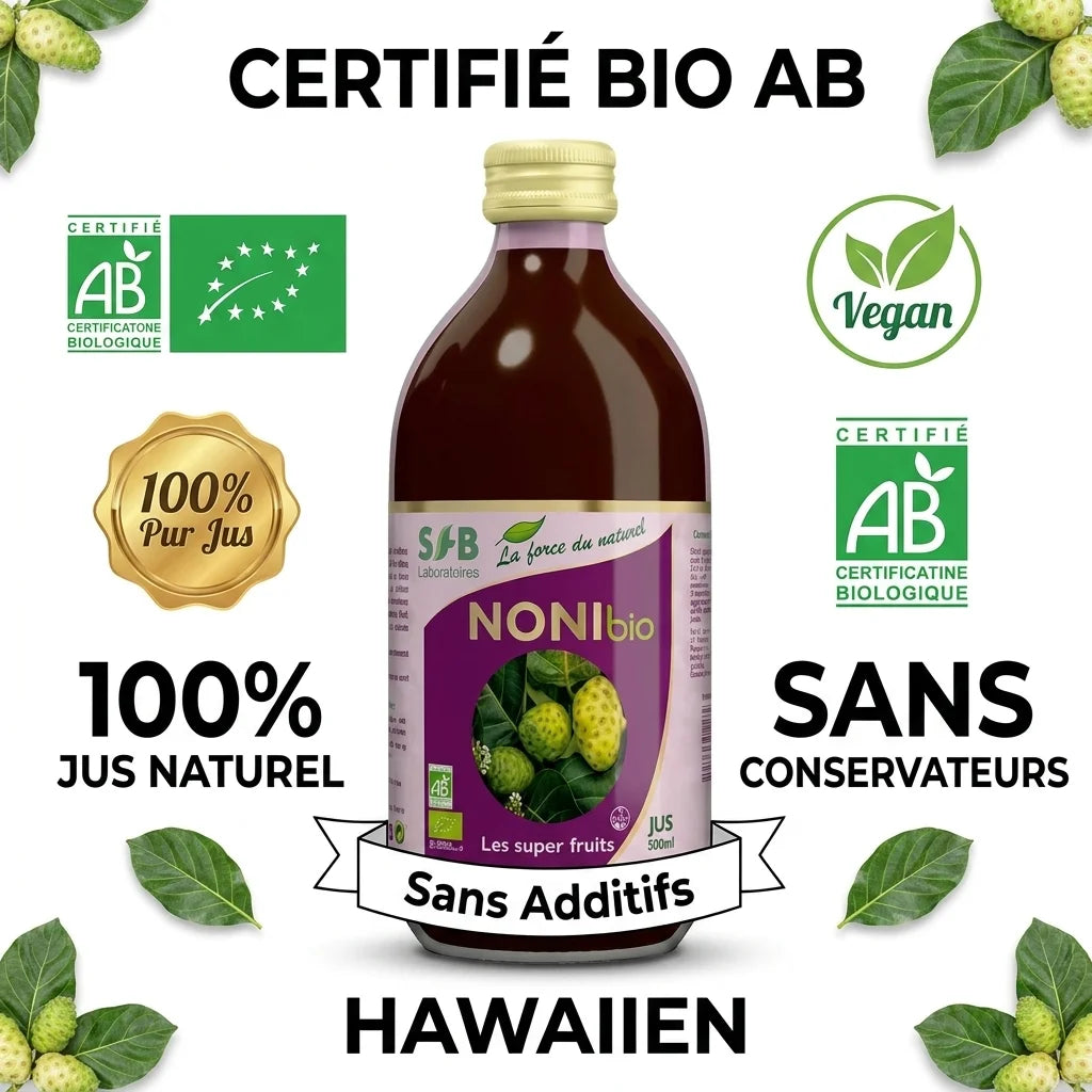 Jus de Noni Bio Hawaiian SFB certifié AB avec labels vegan et 100% pur jus naturel