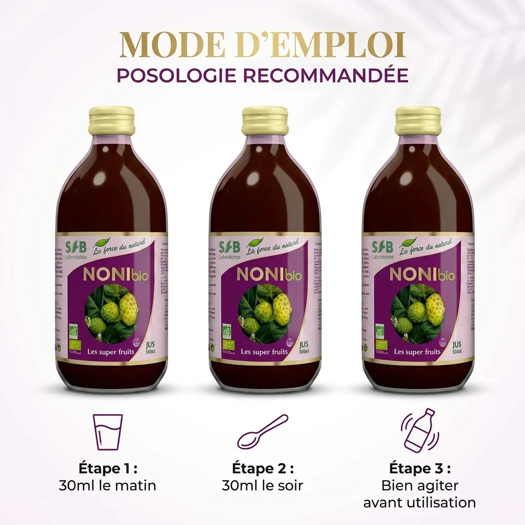 Jus de Noni Bio SFB 500ml - Mode d'emploi posologie 30ml matin et soir