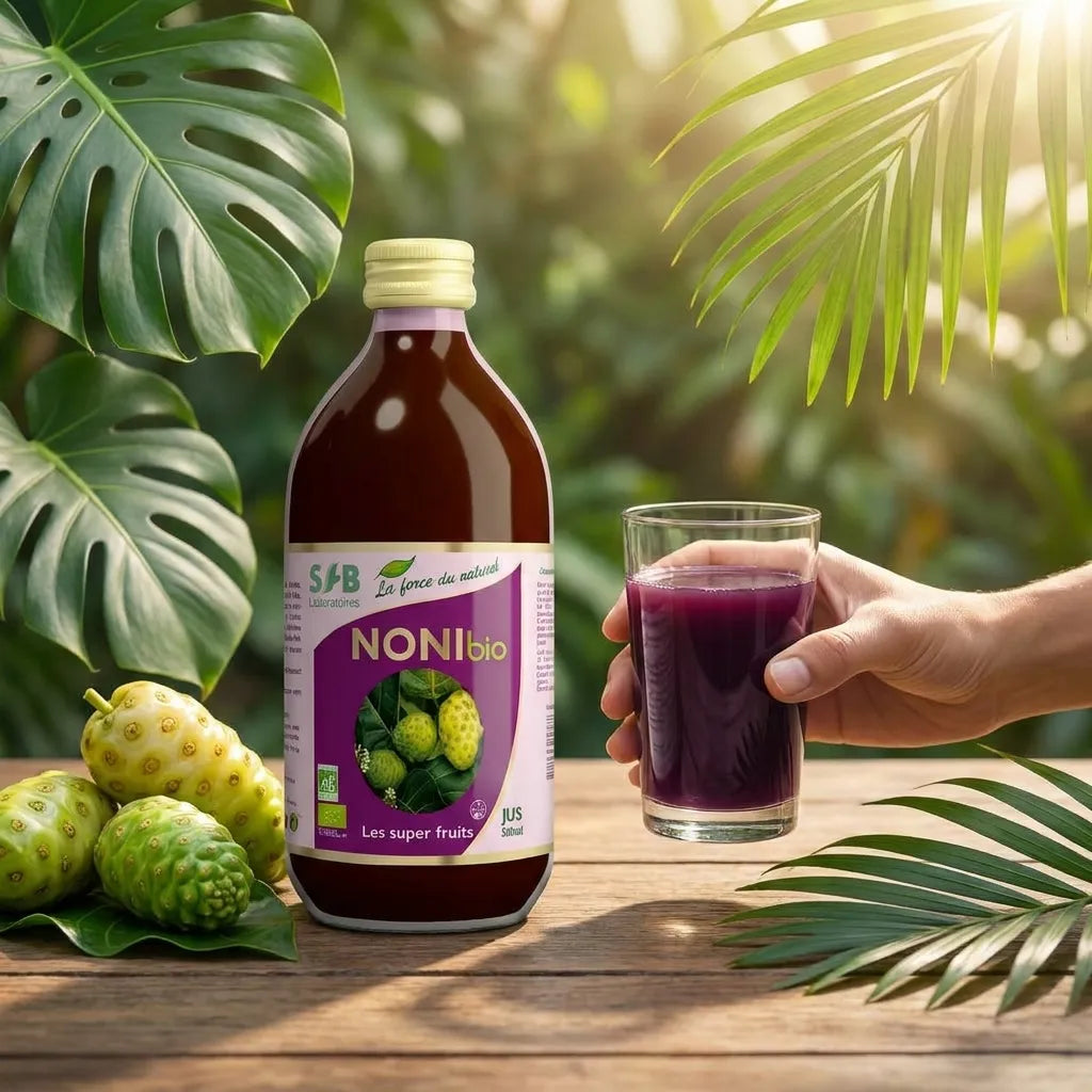 Jus de Noni Hawaiien Bio SFB en verre avec fruits tropicaux frais et feuilles vertes