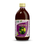 Bouteille de Jus de Noni Bio SFB 500ml sur fond blanc, label violet et or