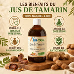 Jus de Tamarin bio Ayur-Vana 500ml avec infographie des bienfaits digestifs et antioxydants
