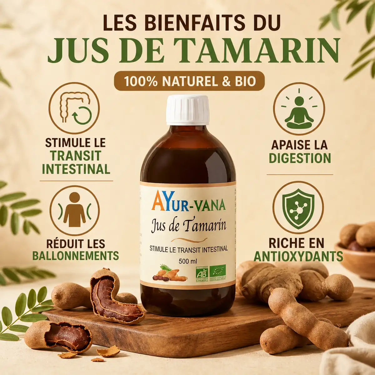 Jus de Tamarin bio Ayur-Vana 500ml avec infographie des bienfaits digestifs et antioxydants