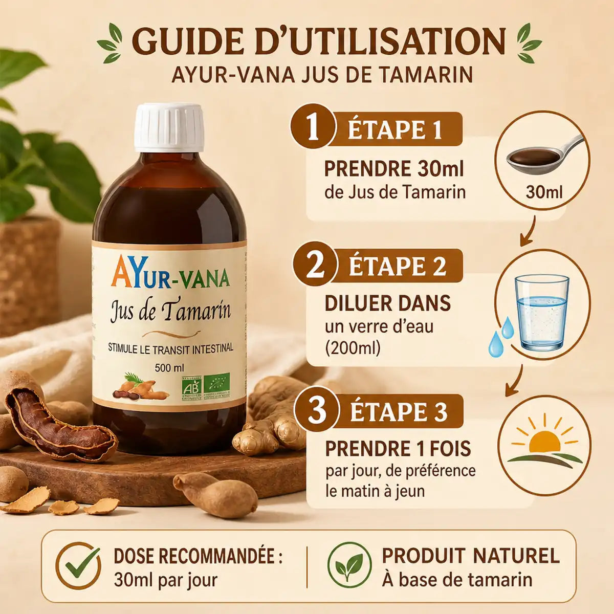 Jus de Tamarin bio Ayur-Vana 500ml avec guide posologie et ingrédients naturels