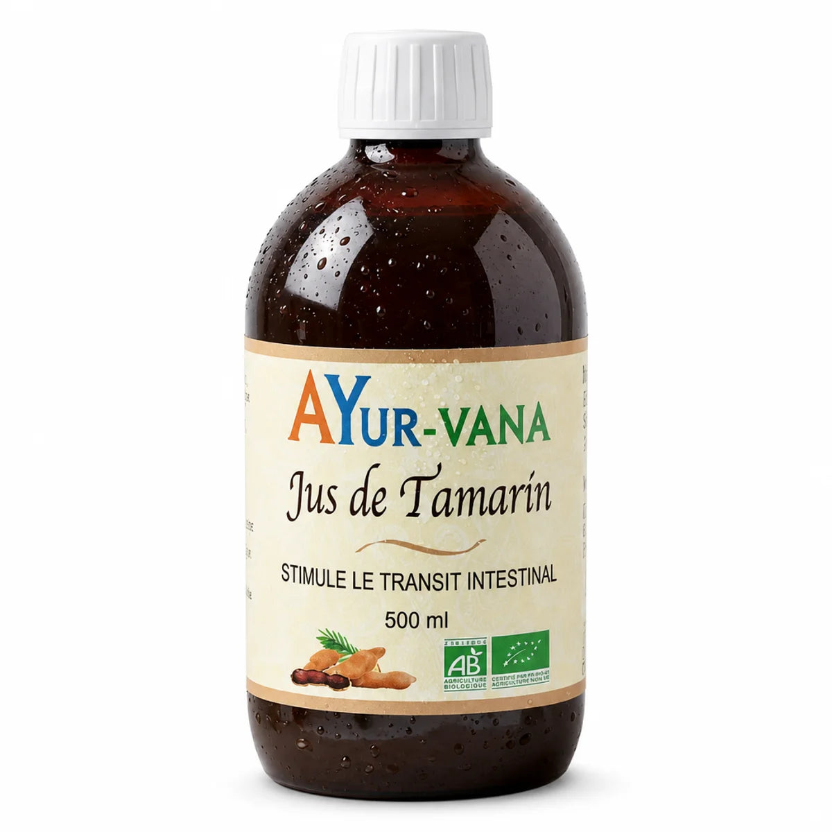 Jus de Tamarin bio Ayur-Vana 500ml en bouteille verre ambré sur fond blanc