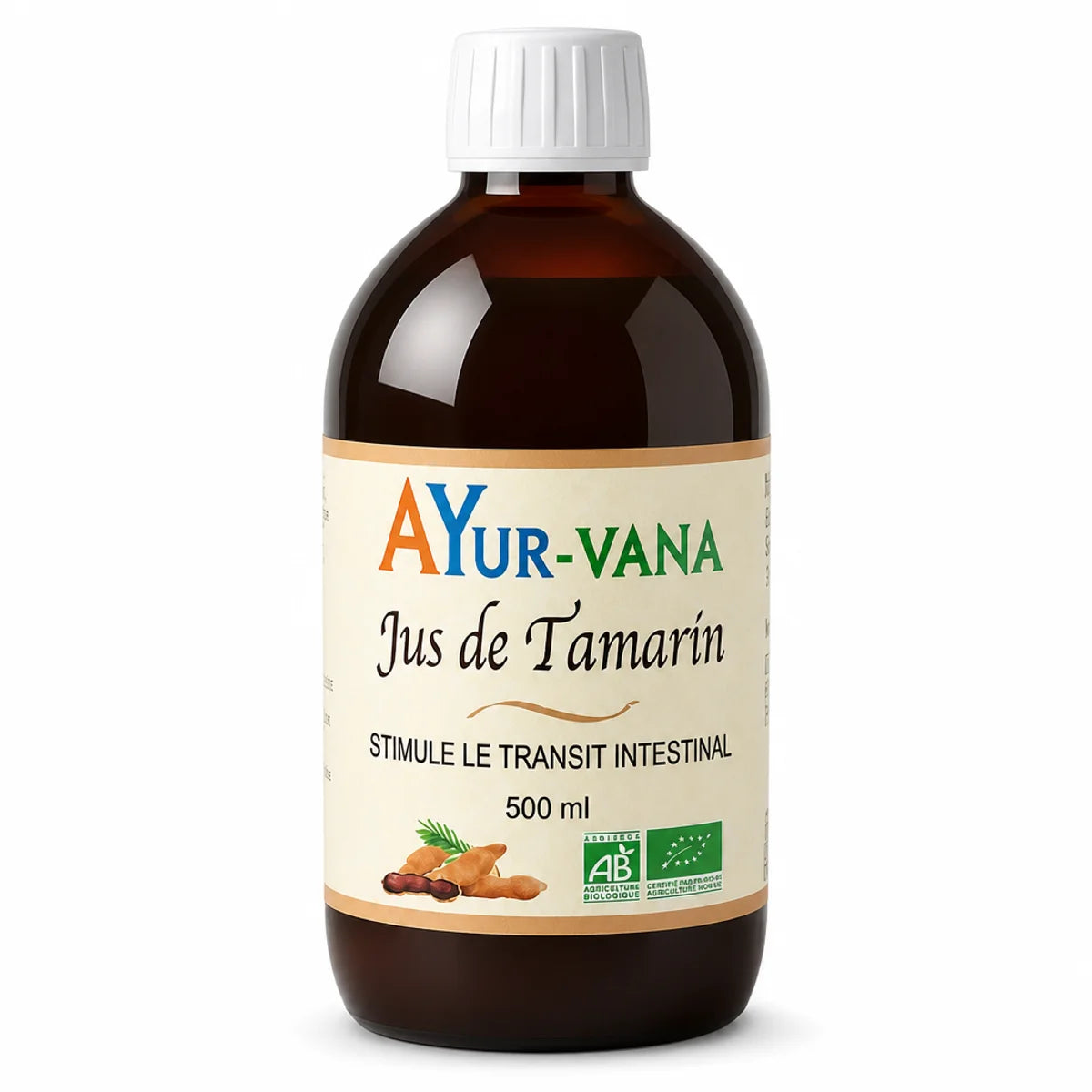 Bouteille de Jus de Tamarin bio Ayur-Vana 500ml sur fond blanc