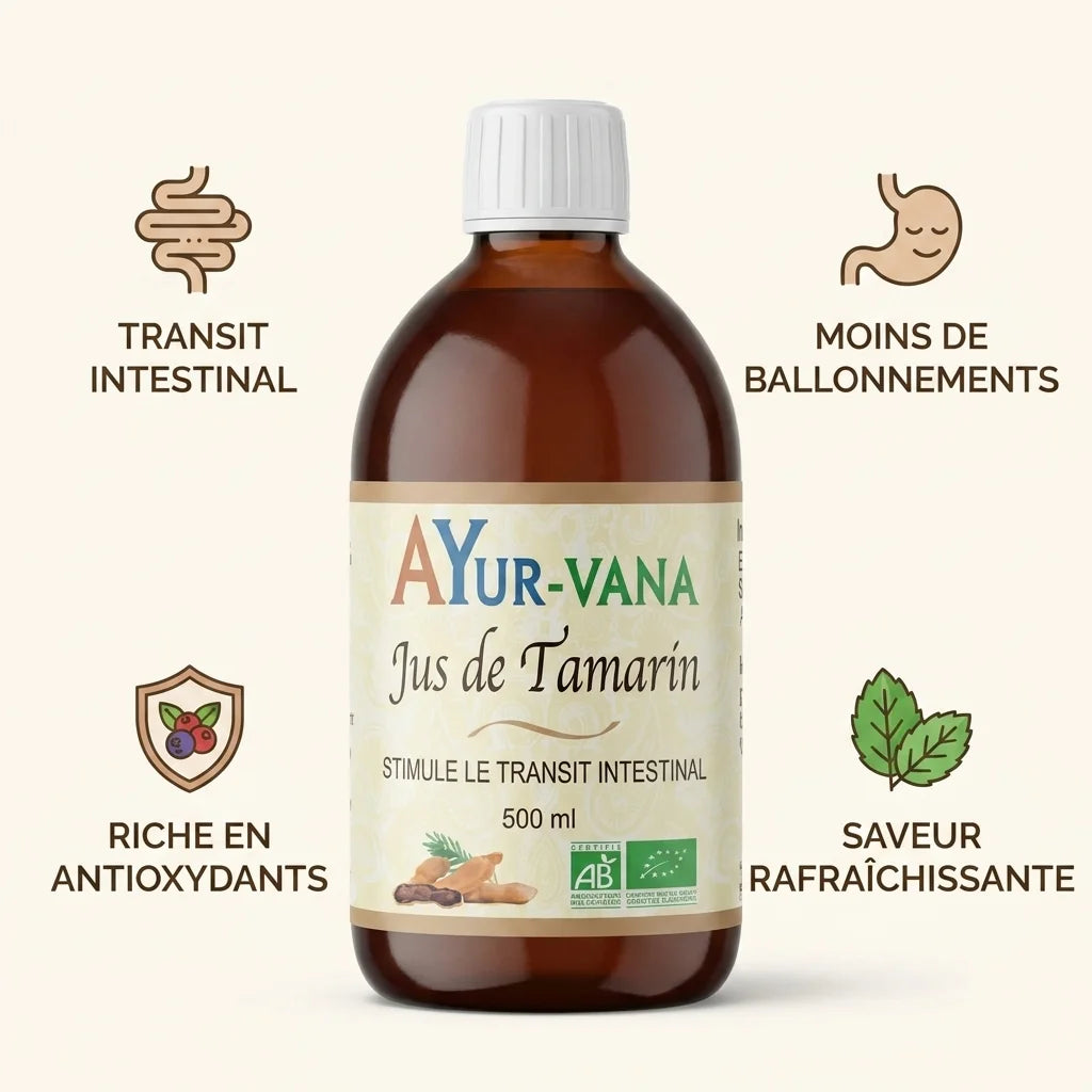 Jus de Tamarin bio Ayurvana 500ml avec bénéfices : transit intestinal, anti-ballonnements, antioxydants