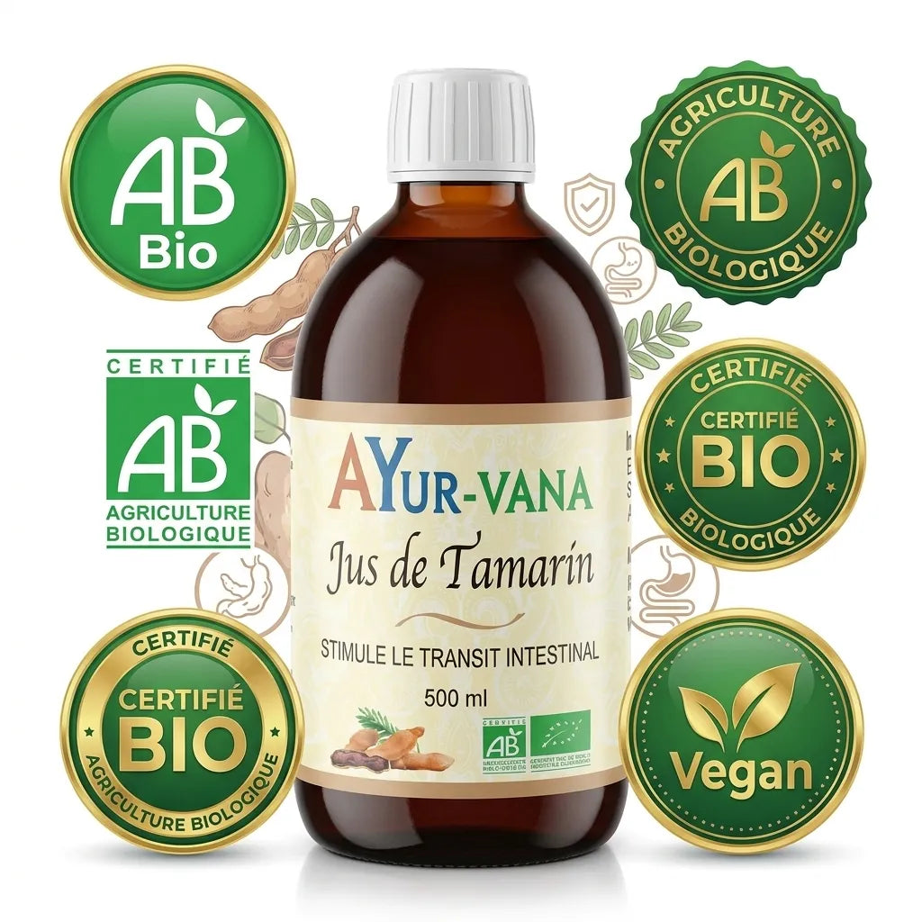 Bouteille Jus de Tamarin bio Ayurvana 500ml avec certifications AB et Vegan sur fond blanc