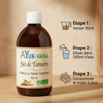 Jus de Tamarin bio Ayurvana 500ml avec instructions de consommation et certification AB
